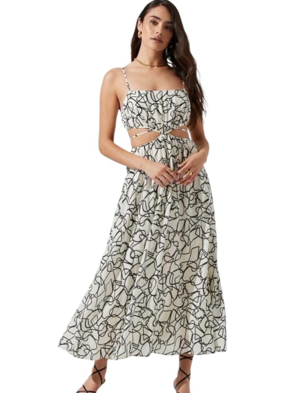 ASTR The Label Gaia Cutout Maxi Dress Women Small White Black Sketch Print Lined